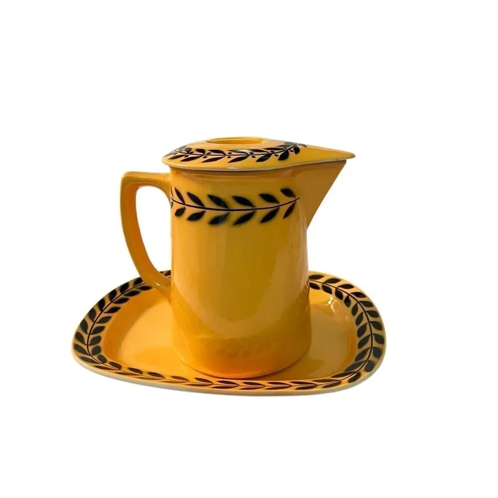 Rare Vintage Bennet Bakeware Jug Teapot W Lid and Matching Tray in Yellow &Black